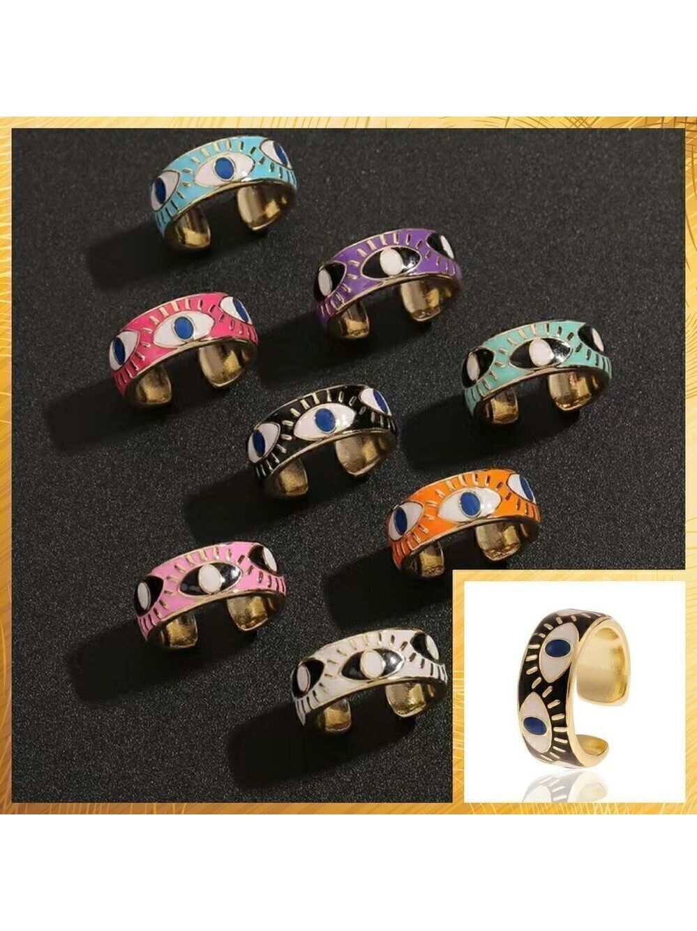 Evil Eye Enamel and Copper Adjustable Ring #1209 BLACK
